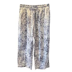 Royalty Collection Wide Leg Linen Blend Abstract Print Pants M Blue White Resort